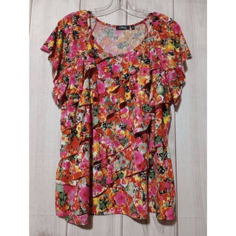 Elementz Woman Floral Ruffle Top Pink Orange Multi Short‎ Sleeve 1X Stretch